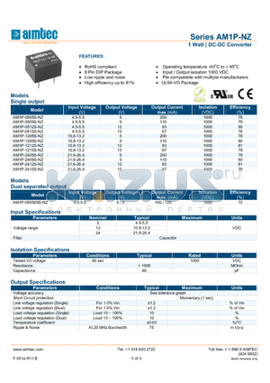 AM1P-0505S-NZ datasheet - 1 Watt | DC-DC Converter