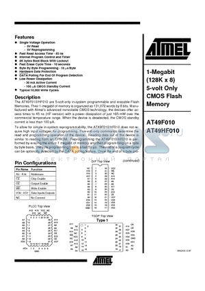 AT49HF010-45JI datasheet - 1-Megabit 128K x 8 5-volt Only CMOS Flash Memory