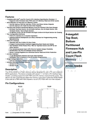 AT49LH00B4 datasheet - 4-megabit Top Boot, Bottom Partitioned Firmware Hub and Low-Pin Count Flash Memory