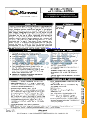 1N6102US datasheet - Voidless-Hermetically-Sealed Surface Mount Bidirectional Transient Suppressors