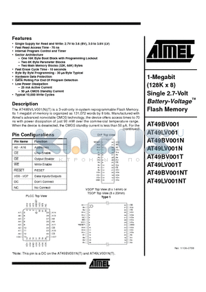 AT49LV001T-70JI datasheet - 1-Megabit 128K x 8 Single 2.7-Volt Battery-Voltage Flash Memory