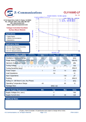 CLV1030E-LF datasheet - Voltage-Controlled Oscillator Surface Mount Module