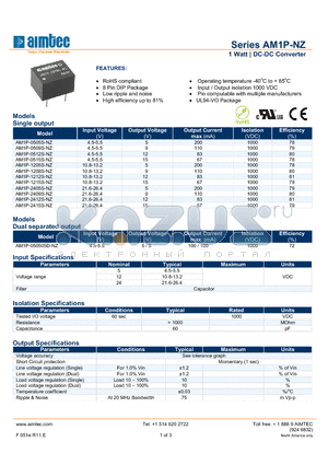 AM1P-NZ_13 datasheet - 1 Watt | DC-DC Converter