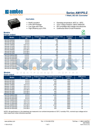 AM1PS-0505SZ datasheet - 1 Watt | DC-DC Converter