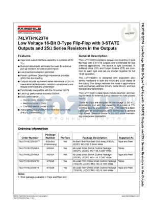 74LVTH162374MTD datasheet - Low Voltage 16-Bit D-Type Flip-Flop with 3-STATE Outputs and 25Y Series Resistors in the Outputs