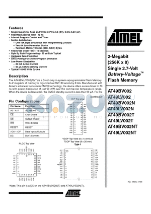 AT49LV002T-70VC datasheet - 2-Megabit 256K x 8 Single 2.7-Volt Battery-Voltage Flash Memory