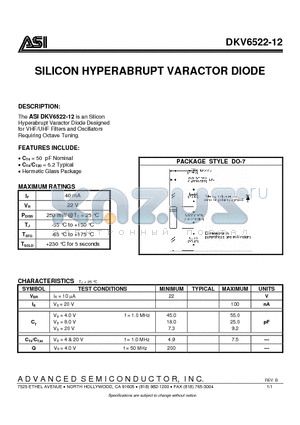 DKV6522-12 datasheet - SILICON HYPERABRUPT VARACTOR DIODE
