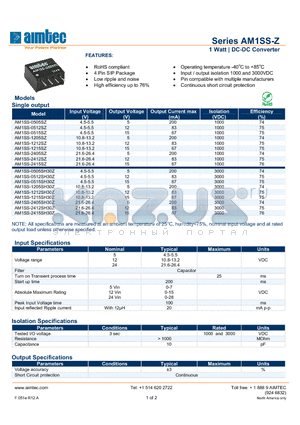 AM1SS-0512SZ datasheet - 1 Watt | DC-DC Converter