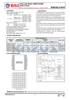 BS616LV1010ACG70 datasheet - Very Low Power CMOS SRAM 64K X 16 bit