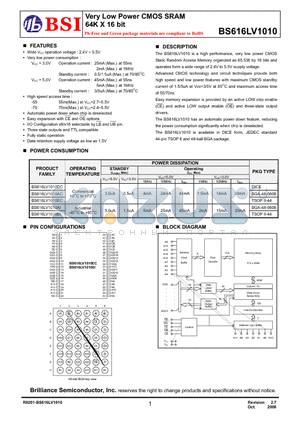 BS616LV1010ACP55 datasheet - Very Low Power CMOS SRAM 64K X 16 bit