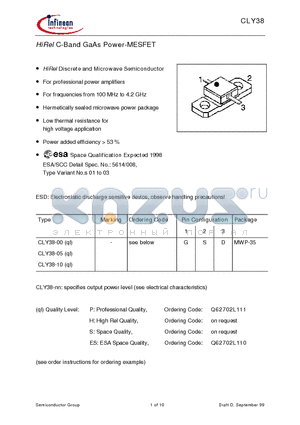 CLY38 datasheet - HiRel C-Band GaAs Power-MESFET