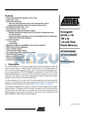 AT49SV802AT datasheet - 8-megabit 1.8-volt Only Flash Memory