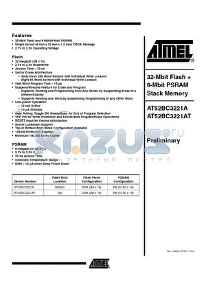 AT52BC3221A datasheet - 32-Mbit Flash  8-Mbit PSRAM Stack Memory