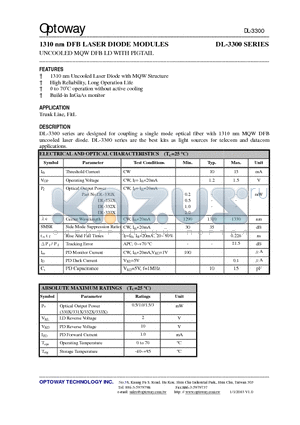 DL-3300S-XFA datasheet - 1310 nm DFB LASER DIODE MODULES UNCOOLED MQW DFB LD WITH PIGTAIL