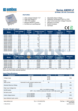 AM20C-1203SZ datasheet - 20 Watt | DC-DC Converter