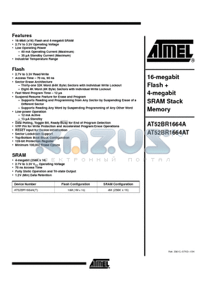 AT52BR1664A-70CI datasheet - 16-megabit Flash  4-megabit SRAM Stack Memory