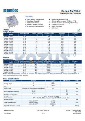 AM20C-1205SZ datasheet - 20 Watt | DC-DC Converter