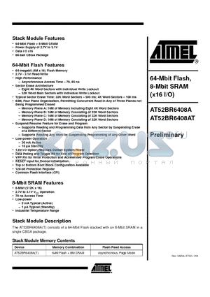 AT52BR6408AT-70CI datasheet - 64-Mbit Flash, 8-Mbit SRAM (x16 I/O)