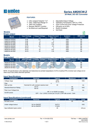 AM20CW-4815SZ datasheet - 20 Watt | DC-DC Converter