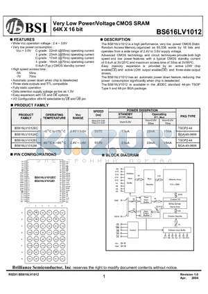 BS616LV1012ECG55 datasheet - Very Low Power/Voltage CMOS SRAM