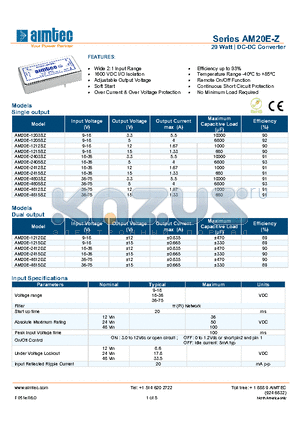 AM20E-1212SZ datasheet - 20 Watt | DC-DC Converter
