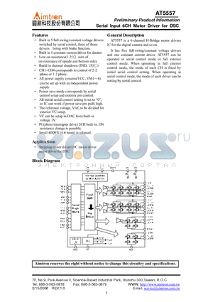 AT5557 datasheet - Serial Input 6CH Motor Driver for DSC