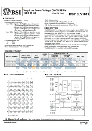 BS616LV1611FC-55 datasheet - Very Low Power/Voltage CMOS SRAM 1M X 16 bit