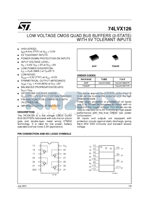 74LVX126TTR datasheet - LOW VOLTAGE CMOS QUAD BUS BUFFERS (3-STATE) WITH 5V TOLERANT INPUTS