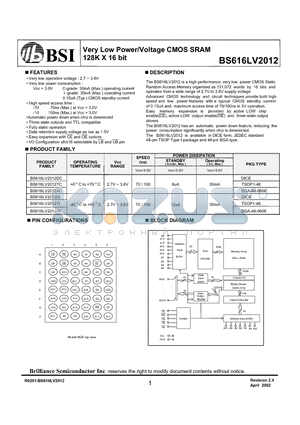 BS616LV2012AI datasheet - Very Low Power/Voltage CMOS SRAM 128K X 16 bit