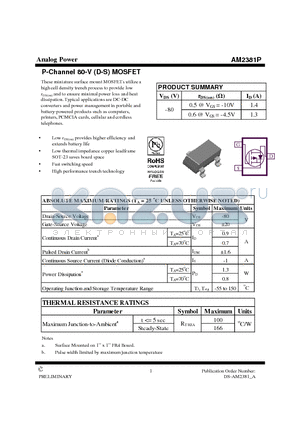 AM2381P datasheet - P-Channel 80-V (D-S) MOSFET