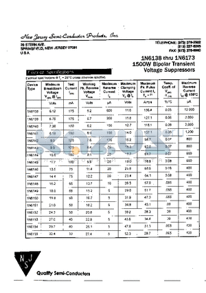 1N6153 datasheet - 1500W BIPOLAR TRANSIENT VOLTAGE SUPPRESSORS