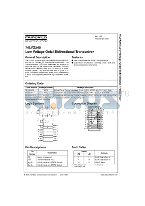 74LVX245MTC datasheet - Low Voltage Octal Bidirectional Transceiver