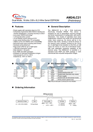 AM24LC21NA datasheet - Dual Mode, 1K-bits (128 x 8) 2-Wire Serial EEPROM