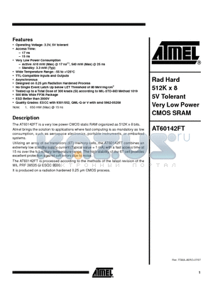 AT60142FT-DS17ESCC datasheet - Rad Hard 512K x 8 5V Tolerant Very Low Power CMOS SRAM