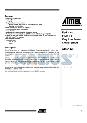 AT60142H-DD15MSV datasheet - Rad Hard 512K x 8 Very Low Power CMOS SRAM