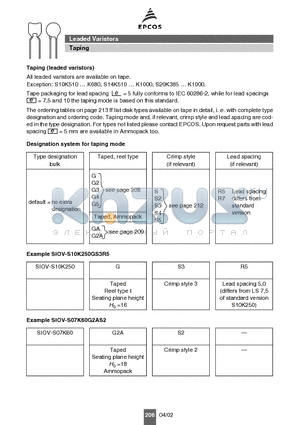 B72207S0441K311 datasheet - Leaded Varistors Taping