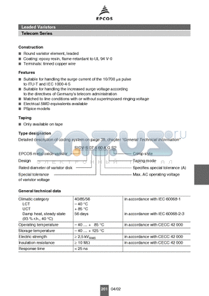 B72207S0600S212 datasheet - Leaded Varistors Telecom Series