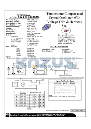 CXOHV8-BE-25.000 datasheet - Temperature Compensated Crystal Oscillator With Voltage Trim & Hermetic 14 Pin Dip, 3.3V & 5V, HCMOS/TTL