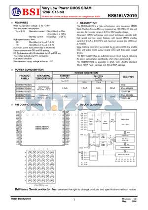 BS616LV2019DI70 datasheet - Very Low Power CMOS SRAM 128K X 16 bit