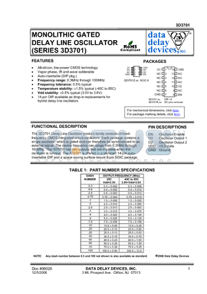 3D3701-3 datasheet - MONOLITHIC GATED DELAY LINE OSCILLATOR