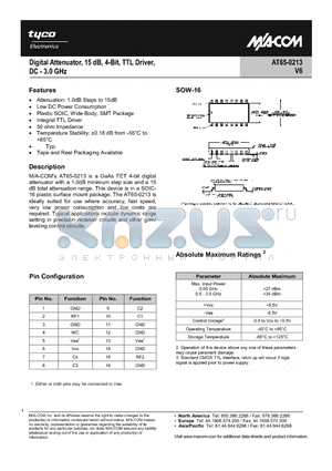 AT65-0213-TB datasheet - Digital Attenuator 15dB, 4-Bit, TTL Driver, DC-3.0 GHz