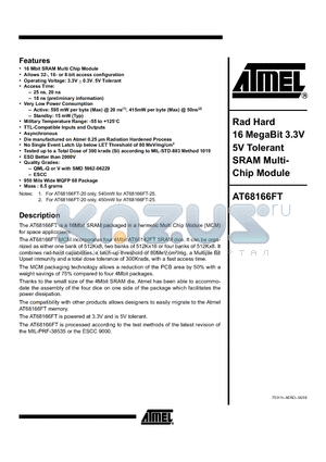 AT68166FT-YS18-SCC datasheet - Rad Hard 16 MegaBit 3.3V 5V Tolerant SRAM Multi- Chip Module