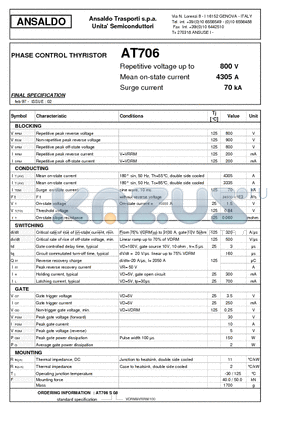 AT706 datasheet - PHASE CONTROL THYRISTOR