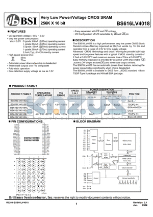 BS616LV4018 datasheet - Very Low Power/Voltage CMOS SRAM 256K X 16 bit