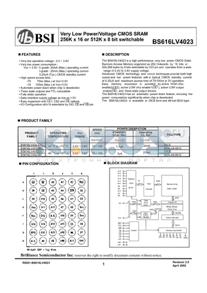 BS616LV4023BC datasheet - Very Low Power/Voltage CMOS SRAM 256K x 16 or 512K x 8 bit switchable