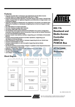 AT76C504A datasheet - 802.11b Baseband and Media Access Controller (MAC) for PCMCIA Bus