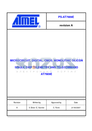 AT7909EKA-SV datasheet - MICROCIRCUIT, DIGITAL, CMOS, MONOLITHIC SILICON SINGLE CHIP TELEMETRY AND TELECOMMAND AT7909E