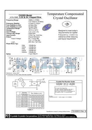 CXOSD-BD3-25.000 datasheet - Temperature Compensated Crystal Oscillator 6 Pin SMD, 3.3V & 5V, Clipped Sine
