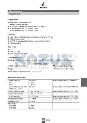 B72260B0551K001 datasheet - Block Varistors HighE Series