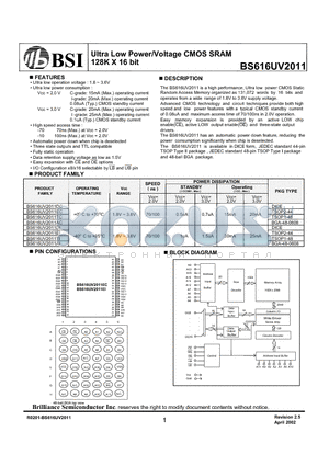 BS616UV2011AI datasheet - Ultra Low Power/Voltage CMOS SRAM 128K X 16 bit